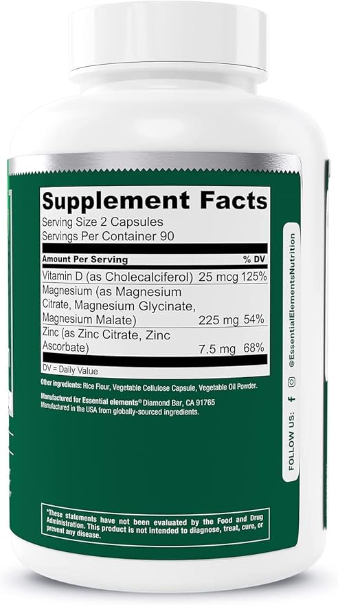 Essential Elements Magnesium & Zinc with Vitamin D3 for Sleep Immune & Bone Support - Magnesium Glycinate, Malate, Citrate 200mg - Triple Magnesium Supplement for Women and Men - 3 Month Supply