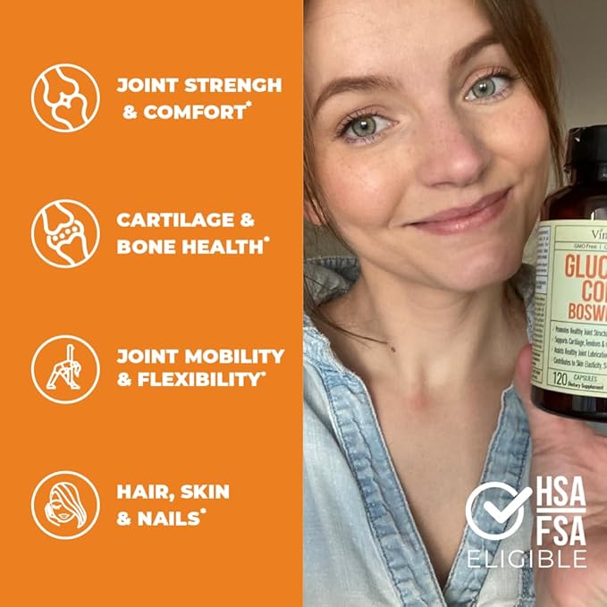 Glucosamine Chondroitin MSM with Collagen Powder. Joint Support Supplement. Bromelain, Quercetin, L-Methionine & Boswellia Extract capsules. Hair Skin and Nails Vitamins. FSA eligible. 120 caps