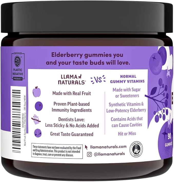 Llama Naturals Real Fruit Sambucus Elderberry Gummies for Adults | No Added Sugar Cane, Vegan, Organic Immune Support | Zinc & Natural Vitamin C | Immunity for Women, Men | 90 Gummies (30 Day)
