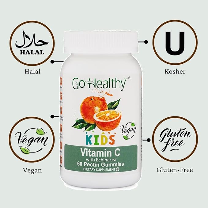 Go Healthy Vitamin C Gummies for Kids - Toddler & Children's Vitamin Gummy Supplement, Growth & Immune Support – Kosher, Halal, Non-GMO, Gluten-Free, Delicious Orange Flavor - 60 Servings