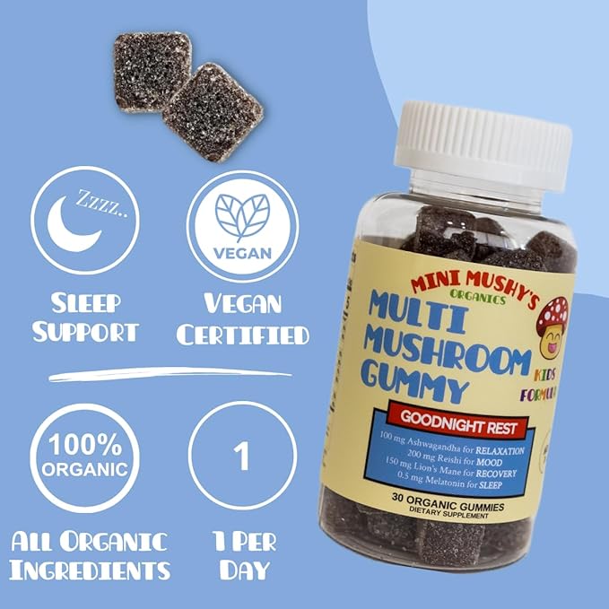 Mini Mushy's Organic Goodnight Rest Gummies | Ashwagandha, Reishi, Lions Mane, Mushrooms, Melatonin | Kids Age 2+ Natural Color, Allergy Friendly, Low Sugar | Berry Flavor - 30 Count