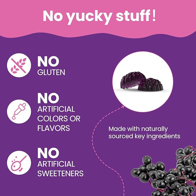 Elderberry Vitamin C and Zinc Gummies for Kids & Adults - Sambucus Elderberry Gummies Immune Support, Natural Berry Flavor, Vegan, Gluten-Free, 60 Gummies (2-Month Supply)