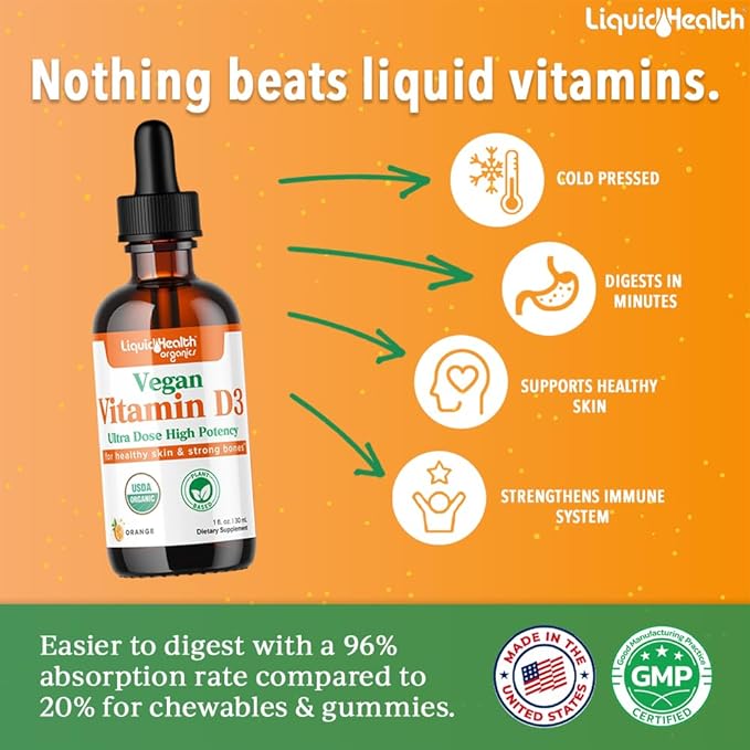 LIQUIDHEALTH Liquid Vitamin D3 5000 IU, Organic Vitamin D Liquid Drops, Adults & Kids, Vegan Liquid Vitamin D for Immune Support, Bone Health, Mood Support