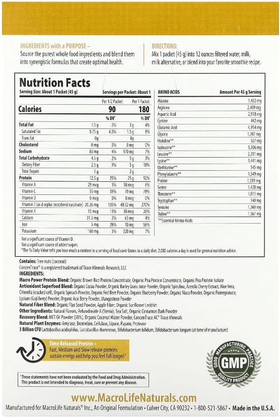 MacroLife Naturals MacroMeal Vegan Chocolate Superfood Supplement Powder Protein + Greens, Probiotics, Digestive Enzymes, Fiber - Energy, Detox, Immune - Non-GMO, Gluten-Free - 10 Packet Servings