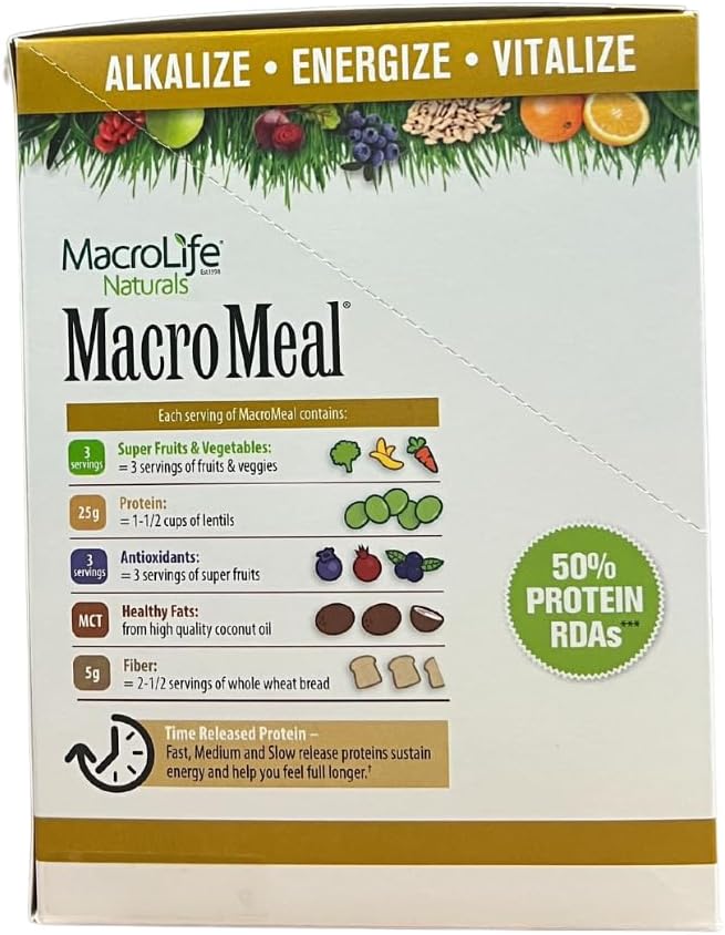 MacroLife Naturals MacroMeal Vegan Chocolate Superfood Supplement Powder Protein + Greens, Probiotics, Digestive Enzymes, Fiber - Energy, Detox, Immune - Non-GMO, Gluten-Free - 10 Packet Servings