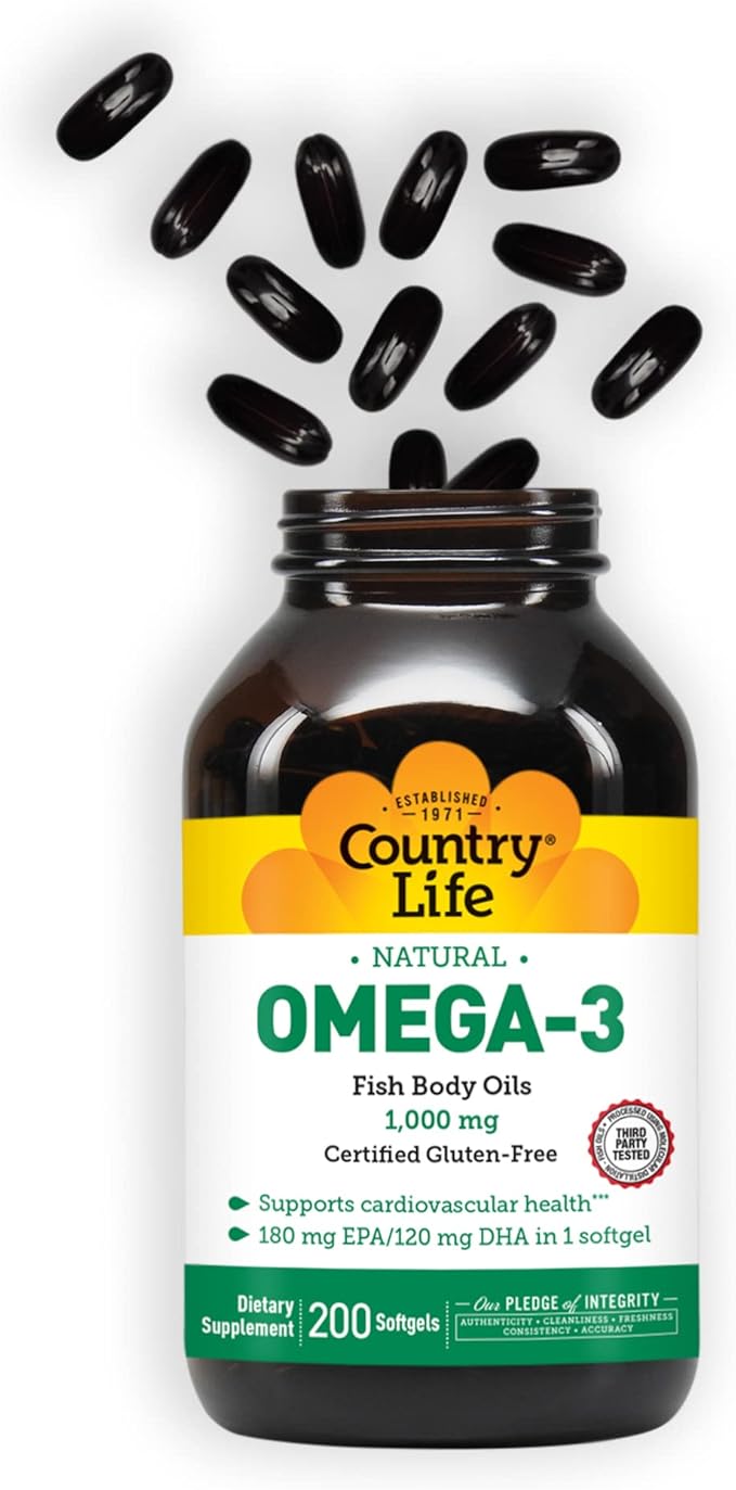 Country Life Omega-3 Fish Oil Supplement, 1000mg, 180mg EPA & 120mg DHA, Fish Oil Concentrate, Burpless, 200 Softgels, Certified Gluten Free