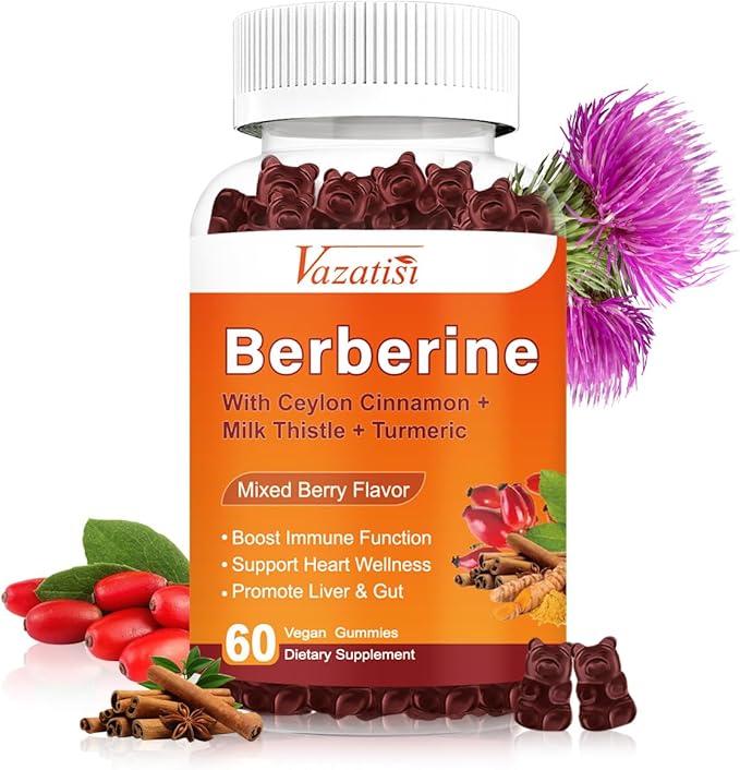 Berberine Gummies, Berberine HCL with Ceylon Cinnamons, Magnesium Citrate, Milk Thistle Supplement for Adult and Kids, Mixed Berry Flavored 60 Cts