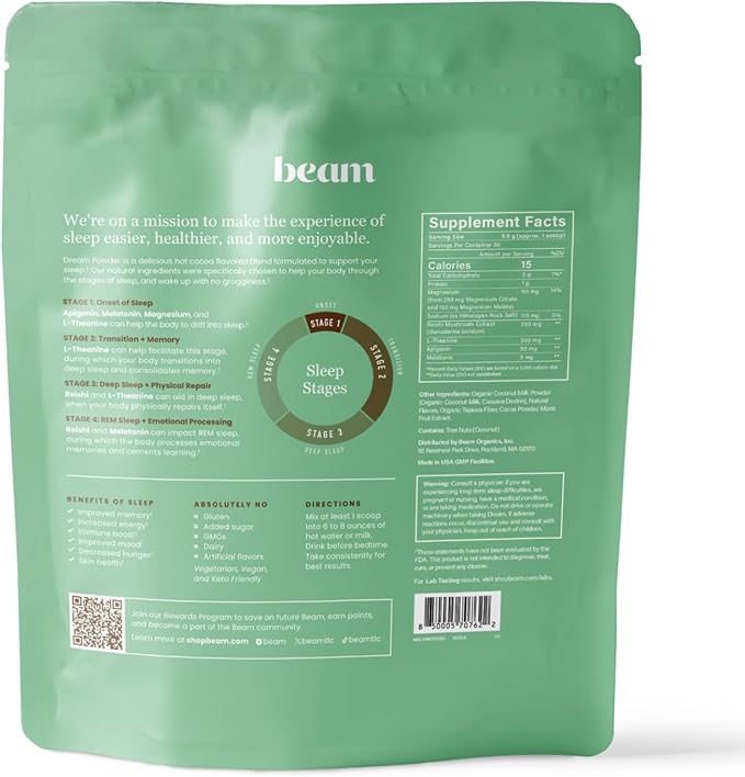 Beam Dream Sleep Powder, Sleep Supplement, Sleep Aids for Adults, Contains Magnesium, Melatonin, L Theanine, Apigenin, Natural Sleep Aid, Vegan, Non GMO, Dairy Free, 3rd Party Tested, 30 Servings