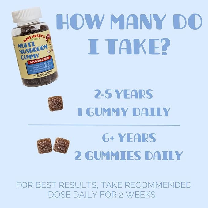 Mini Mushy's Organic Goodnight Rest Gummies | Ashwagandha, Reishi, Lions Mane, Mushrooms, Melatonin | Kids Age 2+ Natural Color, Allergy Friendly, Low Sugar | Berry Flavor - 30 Count