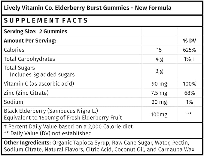 LIVELY VITAMIN CO. Elderberry Burst Gummies for Kids & Adults - Boosts Immune Health - Helps Avoid Colds & Illness - Black Elderberry, Vitamin C & Zinc - 3 Grams of Sugar - No Gelatin - 60 Gummies