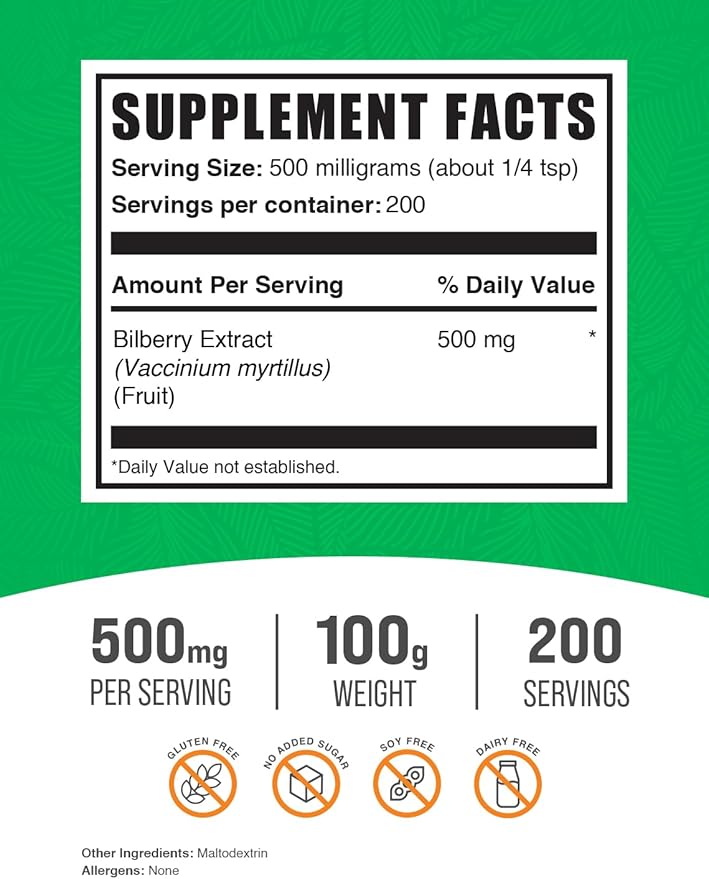 BulkSupplements.com Bilberry Extract Powder - Bilberry Fruit Extract, Bilberry Powder, Bilberry Supplement for Eyes - Glulten Free, 500mg per Serving, 100g (3.5 oz) (Pack of 1)