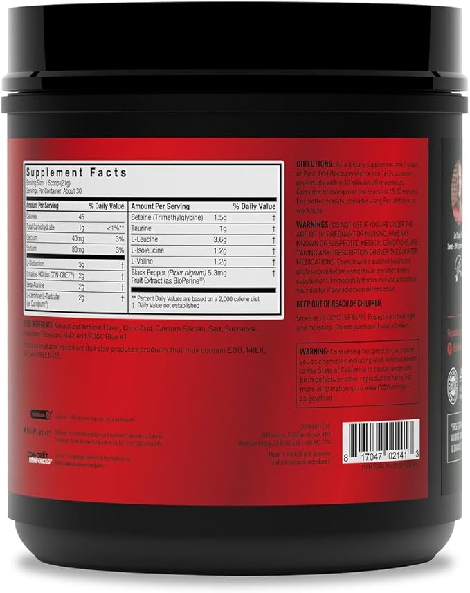 JYM Supplement Science Post JYM Active Matrix Blue Artic Freeze Amino Recovery Powder Pure Creatine HCL, BCAA’s, Glutamine, Carnitine, Betaine, Taurine for Strength, Repair, Performance 30 Servings