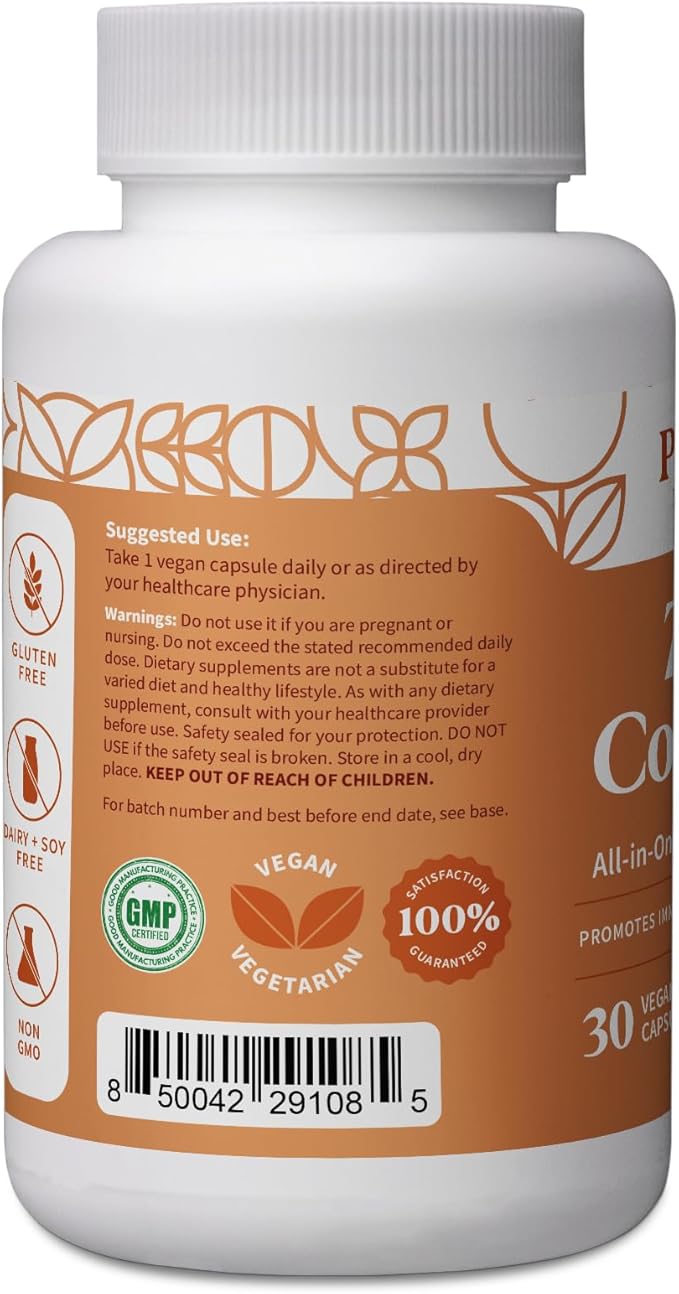 Pattern Wellness Zinc Complex Supplement - High Absorption Zinc with Vitamin C + Probiotics - All-in-One Immune Support - 3rd Party Lab Tested - 30 Vegan Capsules