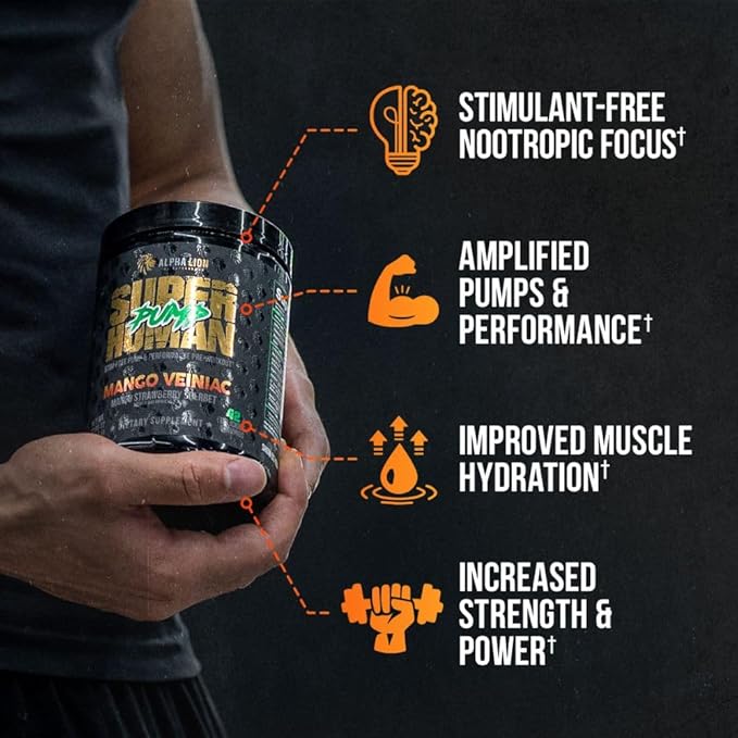ALPHA LION Superhuman Pump Pre Workout Powder, Nootropic Caffeine & Stim Free Preworkout Supplement, Nitric Oxide Booster, Muscle Gainer, Energy & Focus (42 Servings, Mango Veiniac Flavor)