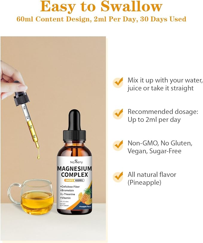 Liquid Magnesium Glycinate - 400mg Magnesium Complex Drops Easier to Swallow Than Pills,Daily Supplements with VitaminB C D for Bone Health,Relaxtion and Sleep (2 Fl Oz/1PCS)
