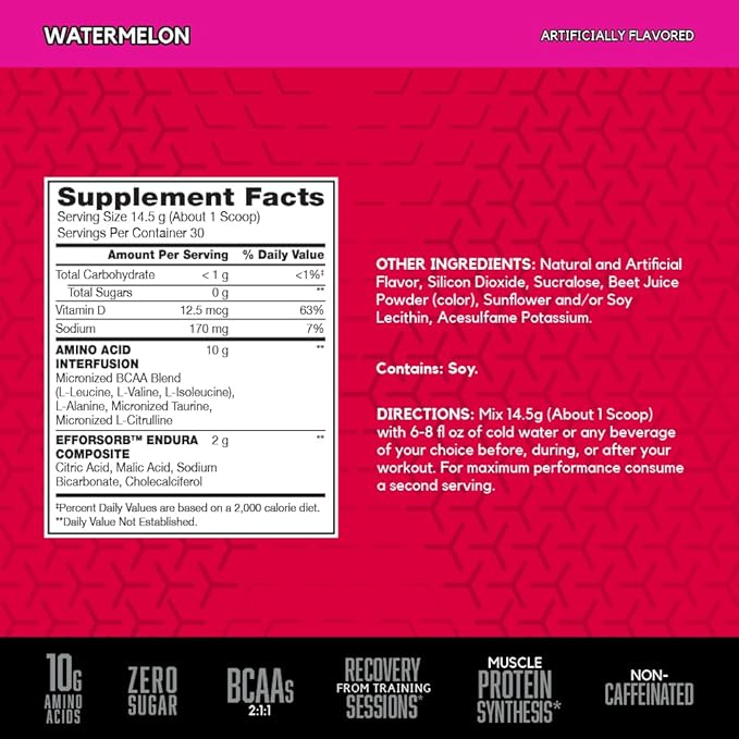 BSN Amino X Muscle Recovery & Endurance Powder with BCAAs, Intra Workout Support, 10 Grams of Amino Acids, Keto Friendly, Caffeine Free, Flavor: Watermelon, 30 Servings (Packaging May Vary)