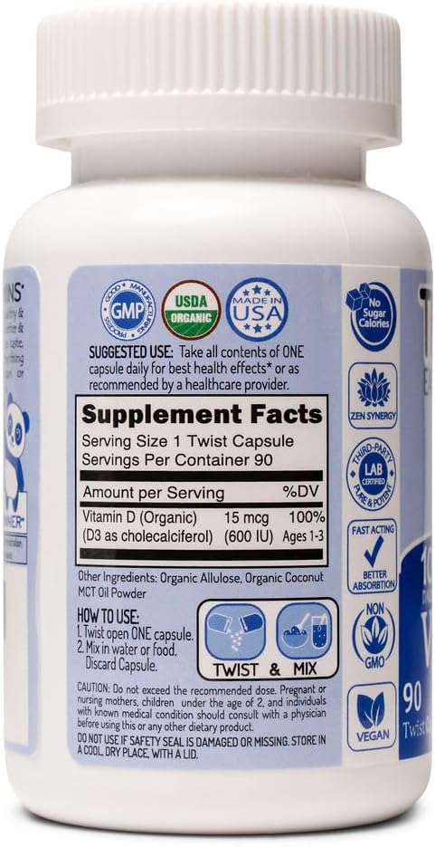Lil' Kids Organic Vitamin D3 Supplement | 100% Of Your RDA | For Strong Bones & Healthy Immunity | Unique Twist & Mix Design | GMO Gluten Vegan & Taste Free | For Toddlers Ages 3 & Under | 90 Servings