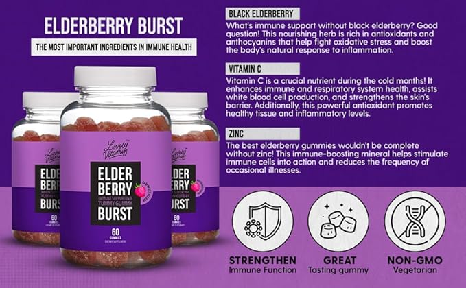 LIVELY VITAMIN CO. Elderberry Burst Gummies for Kids & Adults - Boosts Immune Health - Helps Avoid Colds & Illness - Black Elderberry, Vitamin C & Zinc - 3 Grams of Sugar - No Gelatin - 60 Gummies