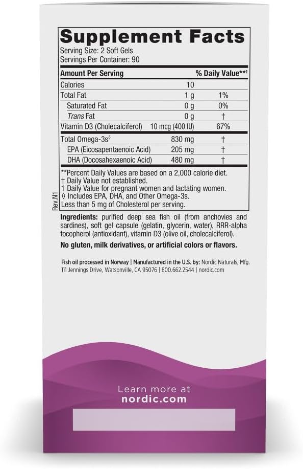 Nordic Naturals Prenatal DHA, Unflavored - 180 Soft Gels - 830 mg Omega-3 + 400 IU Vitamin D3 - Supports Brain Development in Babies During Pregnancy & Lactation - Non-GMO - 90 Servings