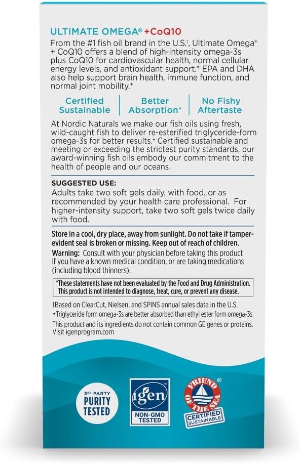 Nordic Naturals Ultimate Omega + CoQ10, Lemon - 120 Soft Gels - 1280 mg Omega-3 + 100 mg CoQ10 - Heart Health, Cellular Energy, Antioxidant Support - Non-GMO - 60 Servings