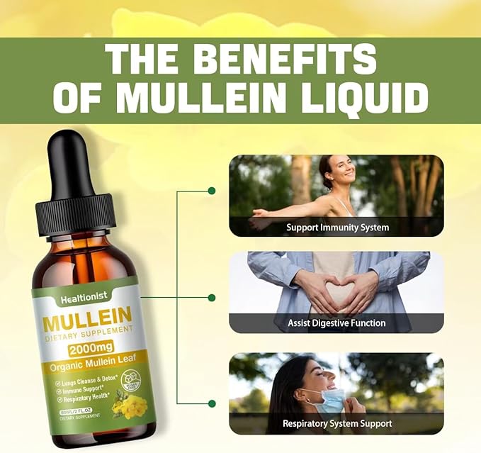 2 Pack Mullein Drops for Lungs - Leaf Extract Liquid - Powerful Mullein for Immune Support, Cleanse - Detox & Respiratory, Digestive System, Natural Herbal Supplement Tincture, Tea - 4 fl oz Vegan