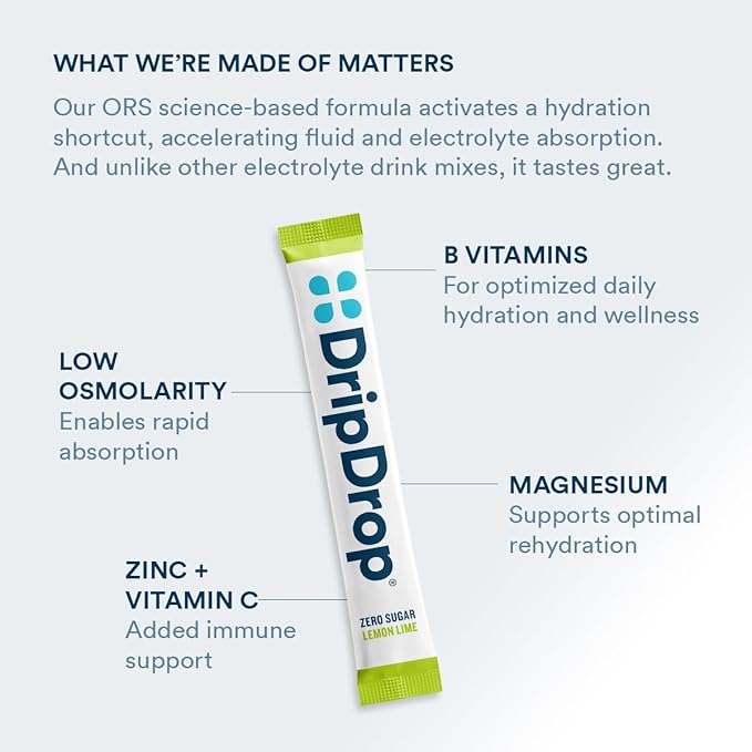 DripDrop Hydration - Zero Sugar Lemon Lime - Electrolyte Drink Mix Single Serve Hydration Powder Packets | Non-GMO, Gluten Free, Vegan | 32 Sticks