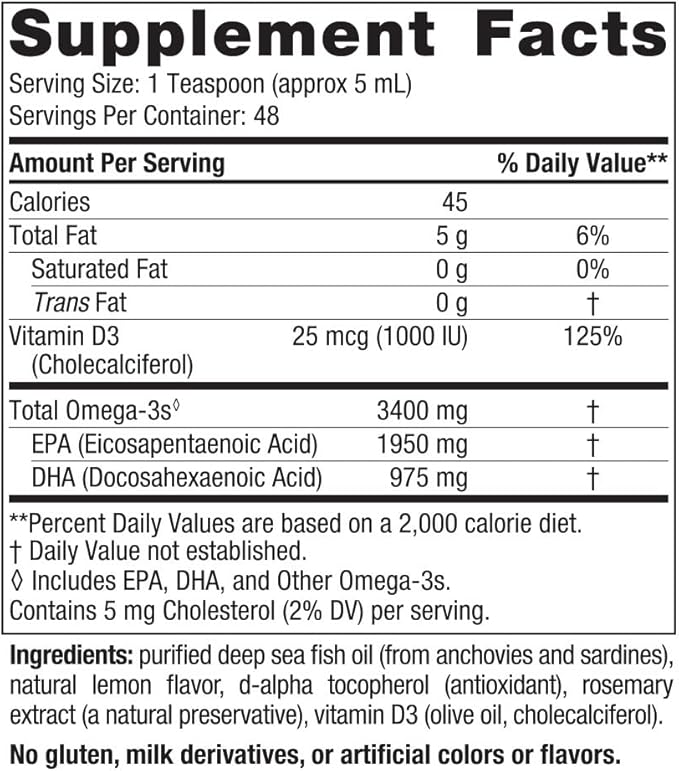 Nordic Naturals Ultimate Omega Xtra Liquid, Lemon Flavor - 8 oz - 3400 mg Omega-3 + 1000 IU Vitamin D3 - EPA & DHA - Brain, Heart, Joint, & Immune Health - Non-GMO - 48 Servings