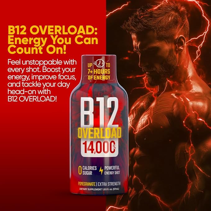 B12 Overload Extra Strength Energy Shot – Pomegranate – 260mg Caffeine, 14000% B12, Electrolytes – Energy & Vitality Support – Zero Sugar No Calories – Vegan, Kosher, Gluten-Free – 1.93 fl oz, 48-Pack