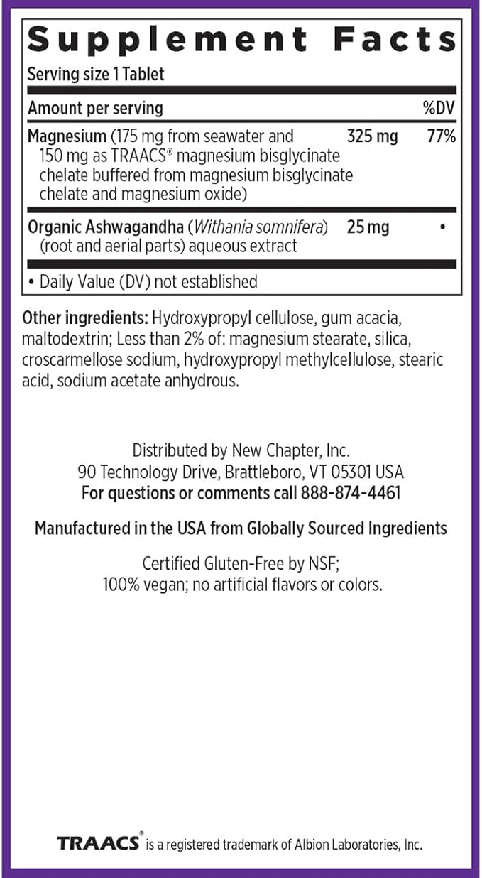 New Chapter Magnesium + Ashwagandha Supplement, 325 mg with Magnesium Glycinate, Calm & Relaxation, Muscle Recovery, Heart & Bone Health, 2.5x Absorption, Gluten Free, Non-GMO - 30 ct (1 Month Supply)