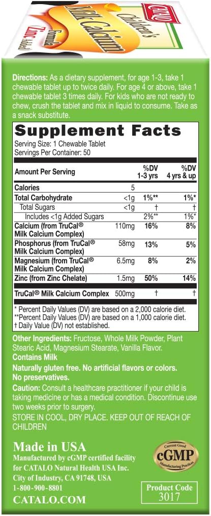 CATALO Children's Milk Calcium Formula with Zinc - 50 Bear-Shaped Chewable Tablets, Supports Bone Growth & Teeth Development, TruCal Calcium, Vanilla Flavor