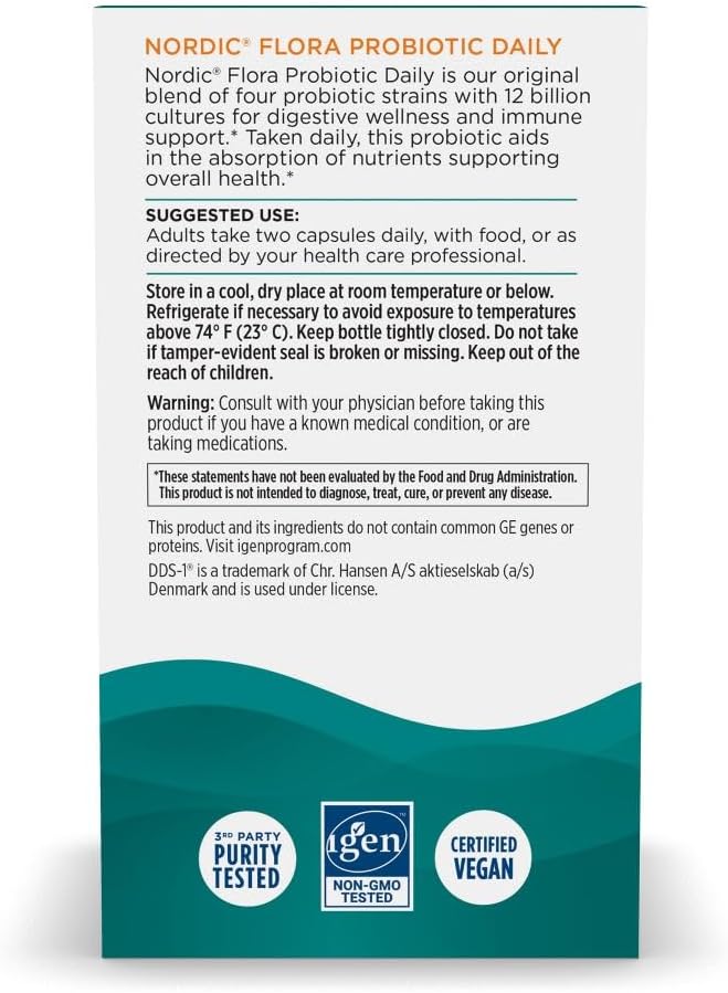 Nordic Naturals Nordic Flora Probiotic Daily - 60 Capsules - 4 Probiotic Strains with 12 Billion Cultures - Optimal Wellness, Immune Support, Digestive Health - Non-GMO, Vegan - 30 Servings
