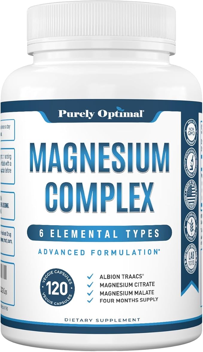 Purely Optimal Magnesium Complex - High Absorption Magnesium Supplement with Magnesium Citrate, Glycinate, Malate & More - High Absorption, Gluten Free, Soy Free, Non-GMO - 120 Capsules