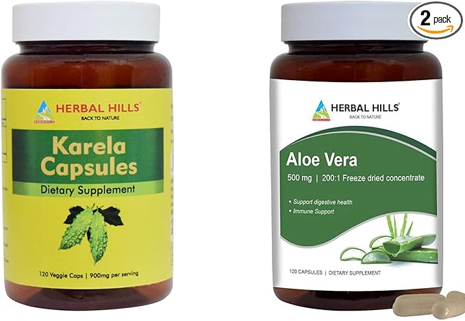 HERBAL HILLS Karela Bitter Melon Capsule and Aloe Vera Capsules Each 120 Count Combo (Pack of 2)