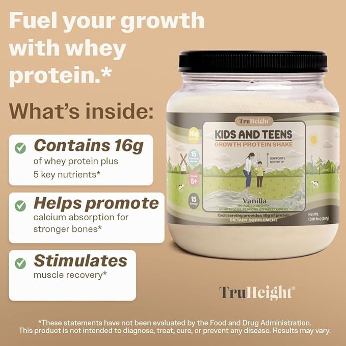 TruHeight Growth Protein Shake (Vanilla Ice Cream Flavor, Whey) Growth & Development Protein Powder for Kids & Teens - Weight Gain Drinks - Endorsed by Pediatricians, Picky Eater Vitamin, Ages 5+