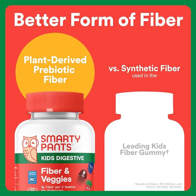 SmartyPants Kids Fiber & Veggies: Prebiotic Fiber Gummies for Kids, Fiber Supplement with Inulin, Organic Green Veggie Blend, Vegan, Gluten Free, Mixed Berry Flavor, 60 Count (30 Day Supply)