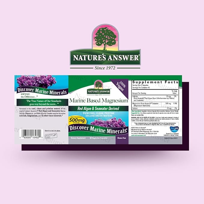 Nature's Answer Calcium Magnesium Capsules 120 Count - Daily Marine Based Magnesium & Calcium Supplement for Sleep & Bone Support - Vegan, Gluten Free, Alcohol Free for Everyone