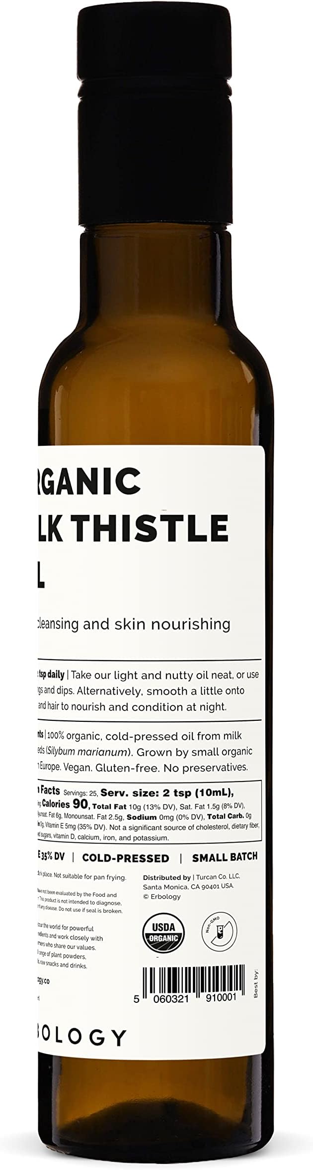 Erbology Organic Milk Thistle Oil 8.5 fl oz - Cold-Pressed - High in Vitamin E - Detoxifying - Straight from Farm - Non GMO - No Additives or Preservatives - Recyclable Glass Bottle