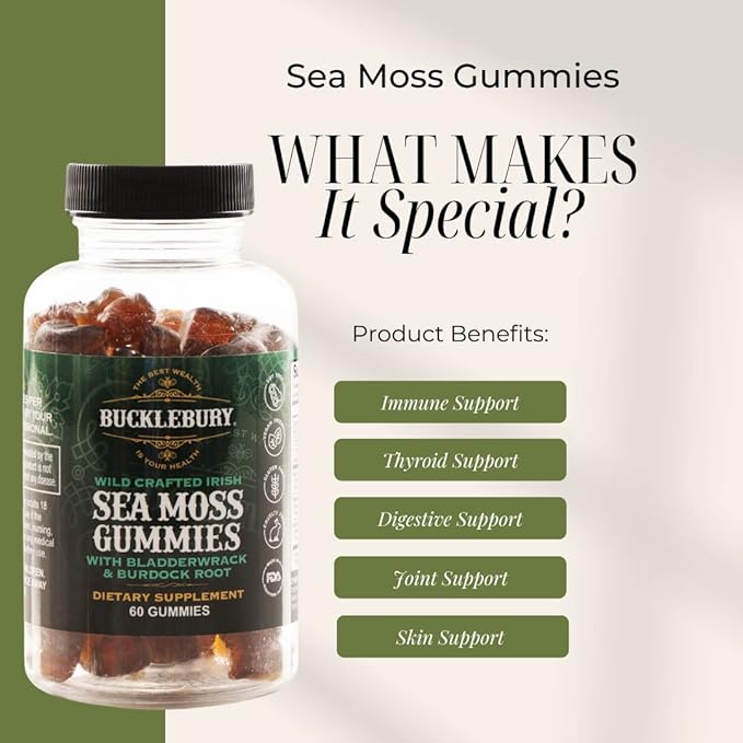 Wild Crafted Irish Sea Moss Gummies with Bladderwrack & Burdock Root - Chewable Natural Multivitamin Vegan Gummies for Immune, Thyroid, Digestive, and Gut Support - 60 Gummies