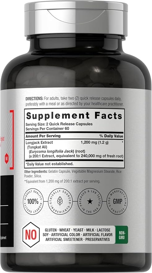 Horbäach - Longjack Tongkat Ali | 240,000 mg (200:1 Potent Extract) | 120 Capsules | Extreme Male Performance Supplement | Super Concentrated Herbal Extract Formula | Non-GMO & Gluten Free Pills