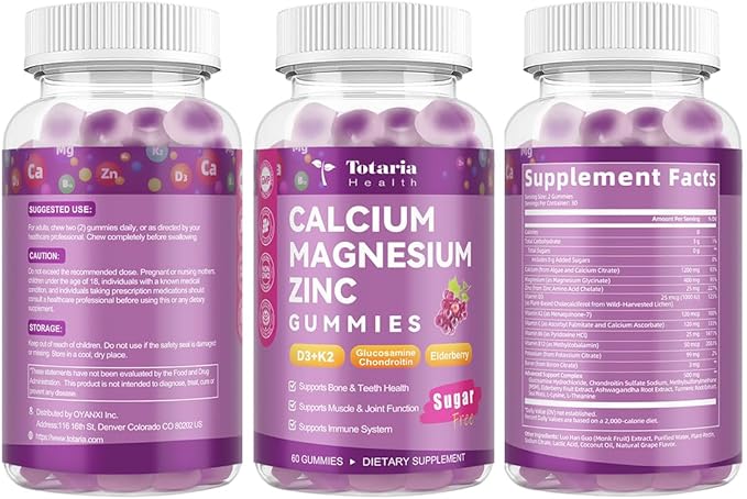 2 PCS Sugar Free Calcium 1200 mg with Vitamin D3 K2 (MK-7) Gummies, Calcium Citrate Magnesium Zinc Supplement w/Boron, Glucosamine Chondroitin, Max Absorption for Bone, Immune, Joint, Grape-Flavor