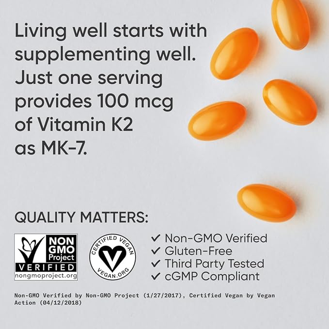 Sports Research Vitamin K2 as MK-7 100mcg with Coconut MCT Oil - 120 Veggie Softgels (4 Month Supply) Vegan Certified, Non-GMO Verified, Gluten & Soy Free - Citrus Aroma