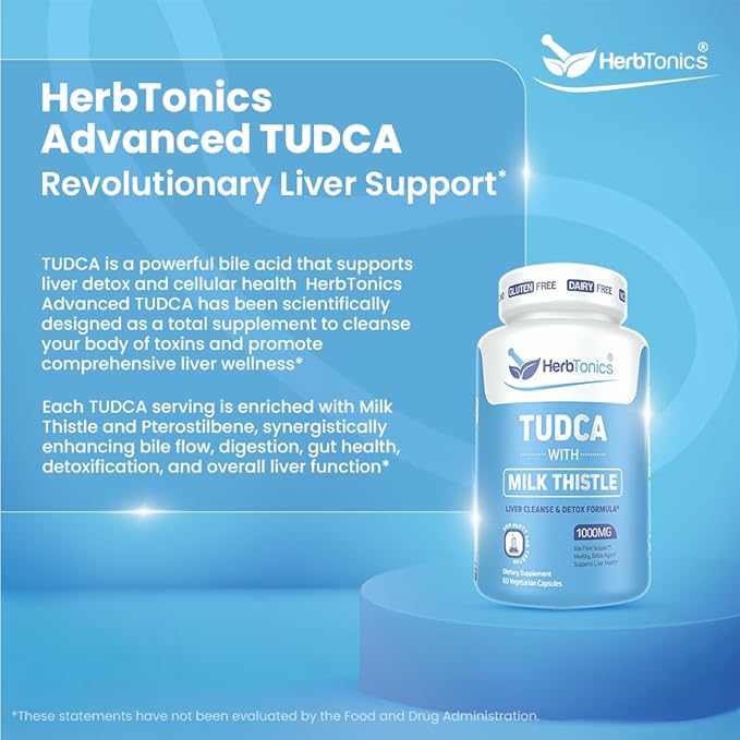 Herbtonics TUDCA & Milk Thistle 1000mg | Liver Cleanse, Detox & Repair Supplement | Bile Salts for Gallbladder Support & Liver Health | Pterostilbene Enhanced Tudca Supplement | 60 Vegan Capsules