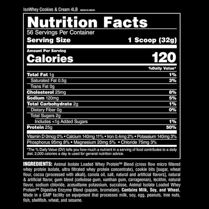 Animal Whey Isolate Protein Powder - Loaded for Pre & Post Workout Muscle Builder and Recovery with Digestive Enzymes for Men & Women - 25g Protein, Great Taste, Low Sugar - Cookies & Cream 4 lbs
