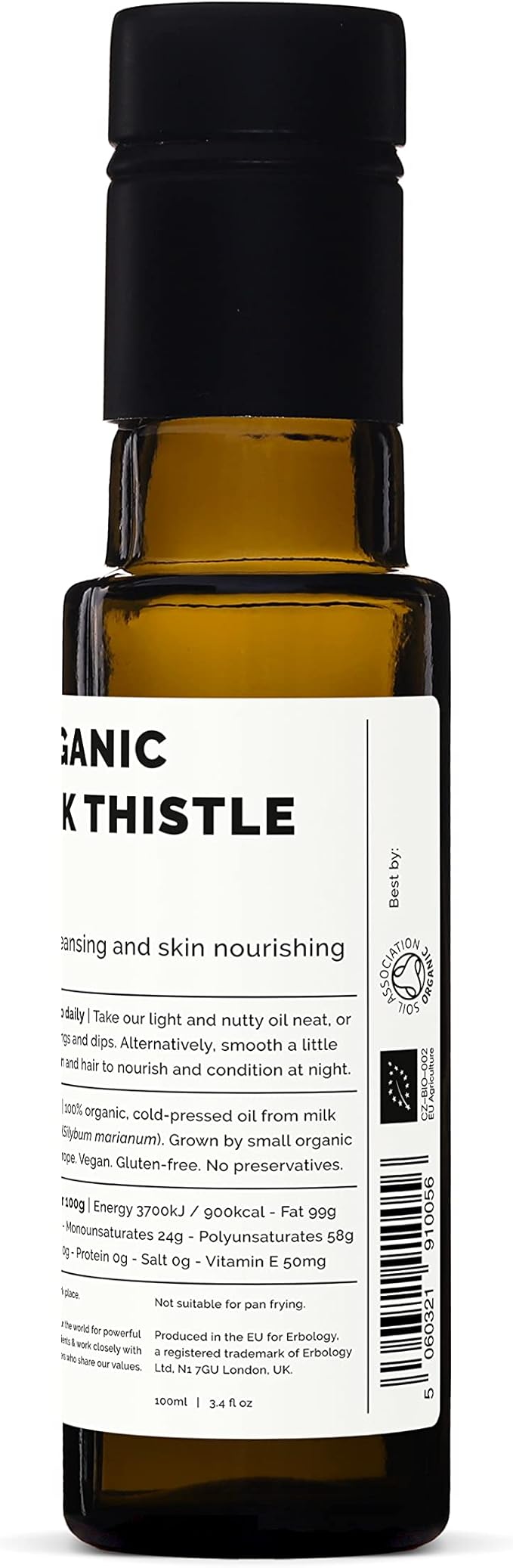 Erbology Organic Milk Thistle Oil 3.4 fl oz - Cold-Pressed - High in Vitamin E - Detoxifying - Straight from Farm - Non GMO - No Additives or Preservatives - Recyclable Glass Bottle