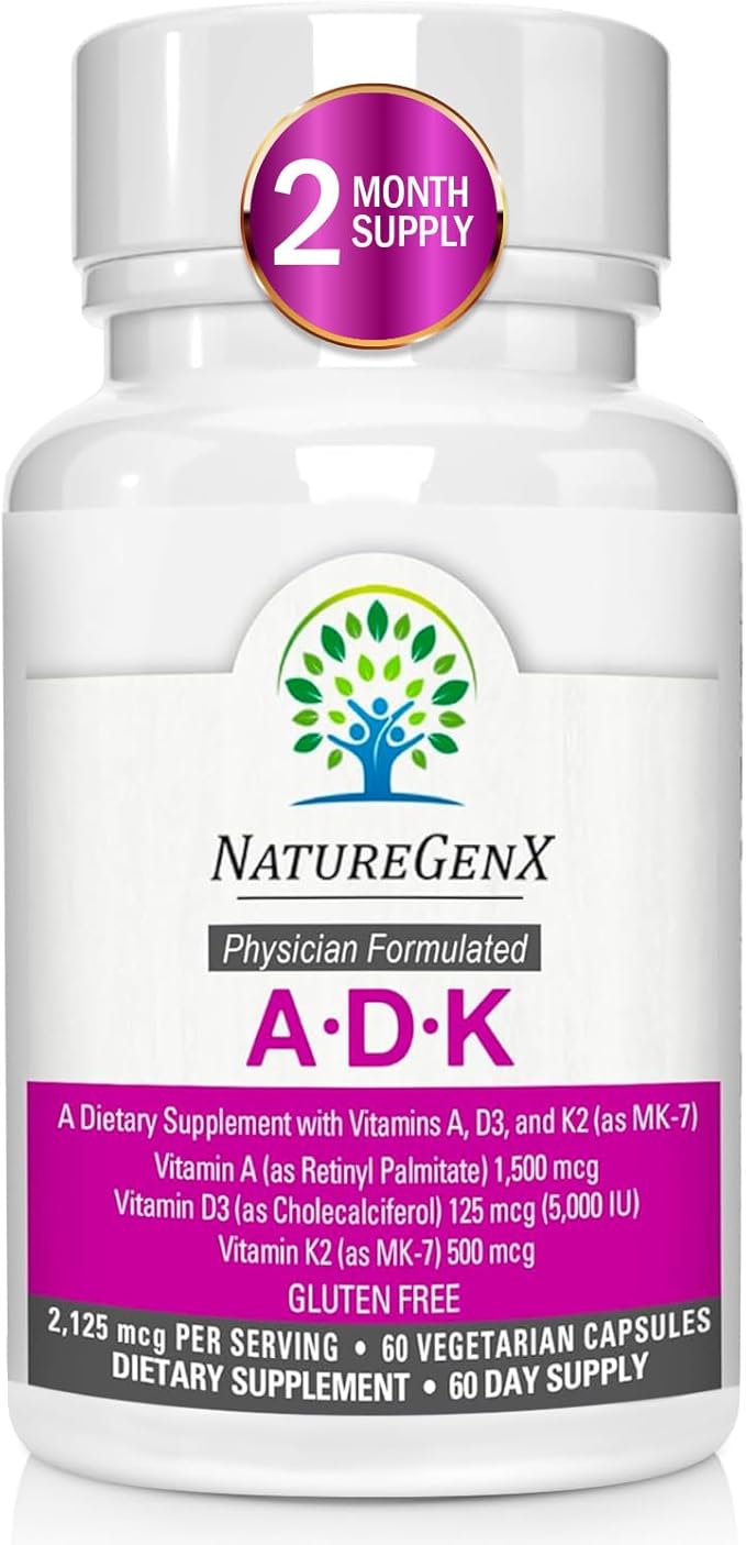 ADK Vitamin Supplement 5000 IU - High Potency Vitamins A, D3, and K2 for Bone Health and Calcium Absorption | Gluten-Free Vitamin ADK Supplement, 60 Day Supply, 60 Capsules