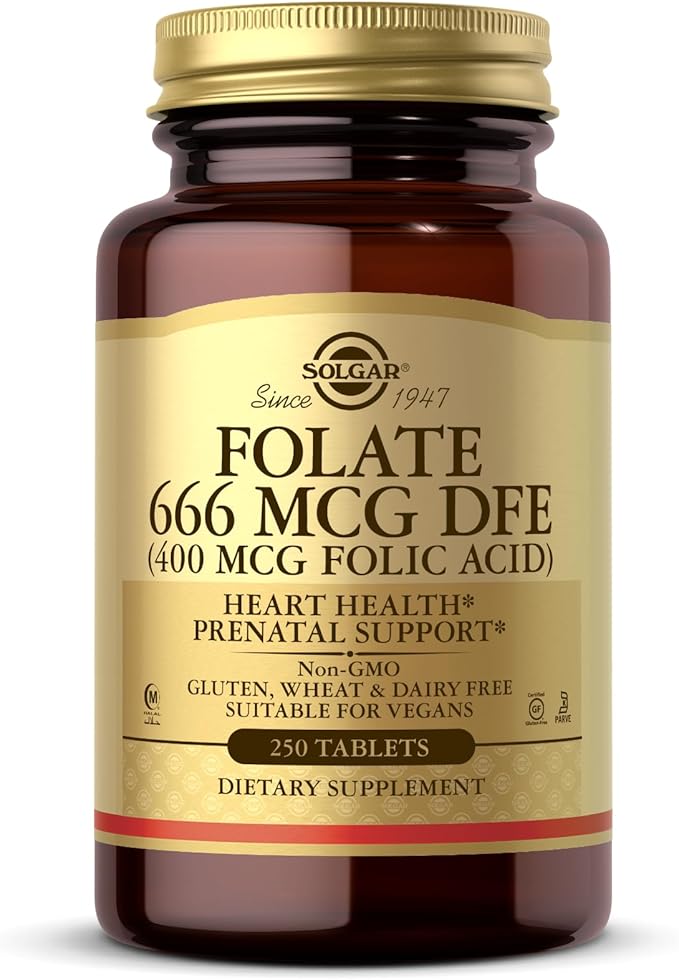 SOLGAR Folate 666 mcg DFE (Folic Acid 400 mcg) - 250 Tablets - Prenatal Support - Non-GMO, Vegan, Gluten Free, Dairy Free, Kosher, Halal - 250 Servings