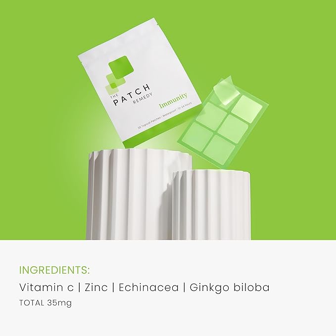 Immunity Patches - 30 Topical Immune Patches Containing Vitamin C, Zinc, Echinacea Extract & Ginkgo Biloba, Lasts 24 Hours