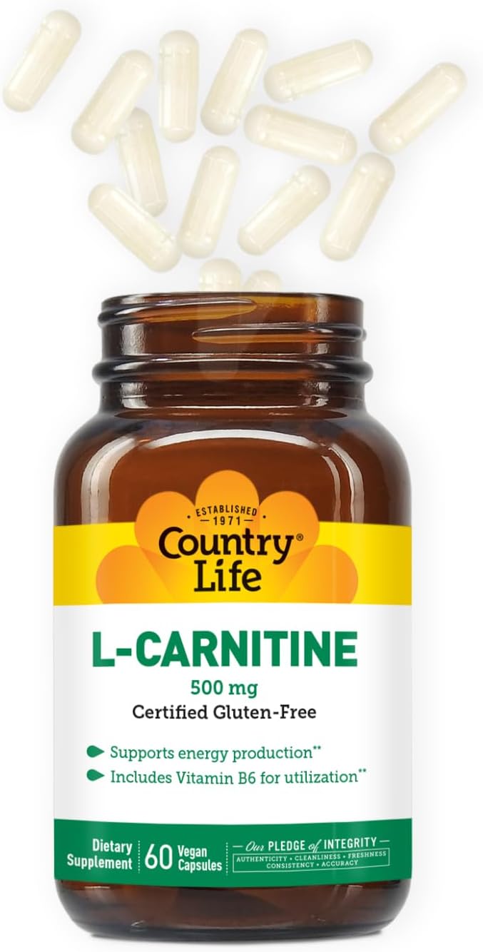Country Life L-Carnitine 500mg – 60 Vegan Capsules | Supports Energy Production & Fat Metabolism | Includes Vitamin B6 for Utilization | Gluten-Free, Certified Vegan Amino Acid Supplement