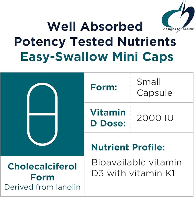 Designs for Health Vitamin D Synergy - 2000 IU Vitamin D with K Supplement - Supports Healthy Moods, Bone Health + Immune Health for Adults - VIT D3 + Vitamin K - Gluten Free + Non-GMO (120 Capsules)