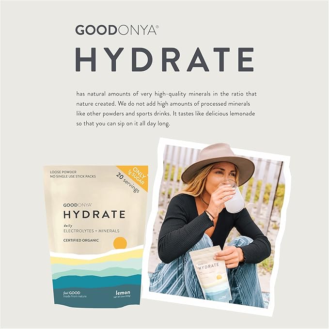 GOODONYA Organic Hydration Electrolyte Powder | Lemon, Coconut Water, Magnesium, Himalayan Pink Salt | Only 1g Sugar, No Artificial Flavors | USDA Organic & Plant-Based | 42 Servings
